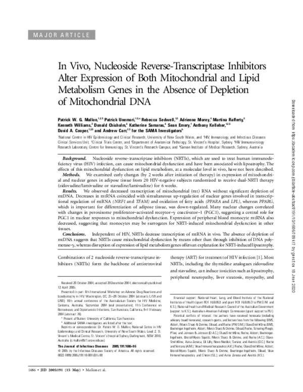 (PDF) In Vivo, Nucleoside Reverse‐Transcriptase Inhibitors Alter ...
