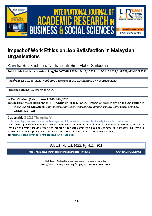 (PDF) Impact of Work Ethics on Job Satisfaction in Malaysian Organisations