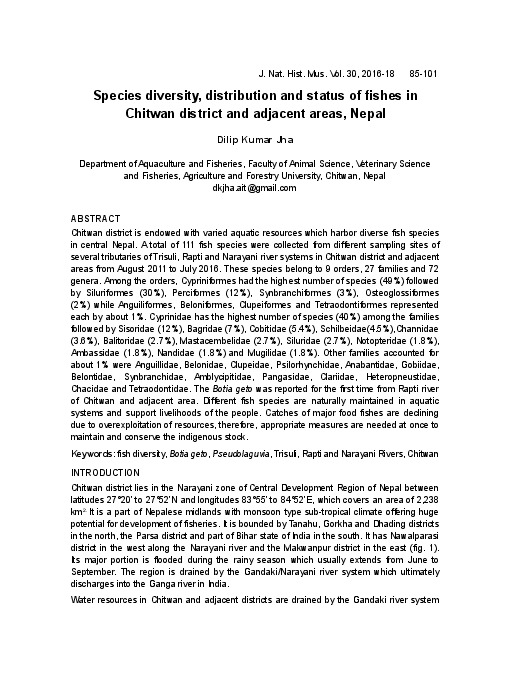 (PDF) Species diversity, distribution and status of fishes in Chitwan ...