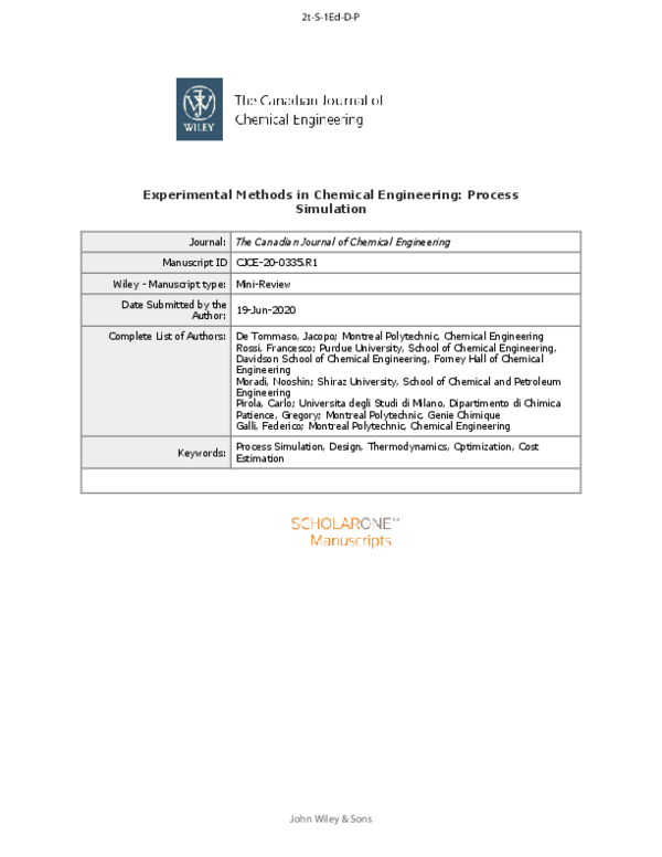 (PDF) Experimental methods in chemical engineering: Process simulation