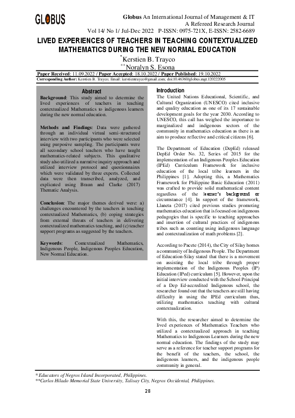 (PDF) Lived Experiences of Teachers in Teaching Contextualized ...