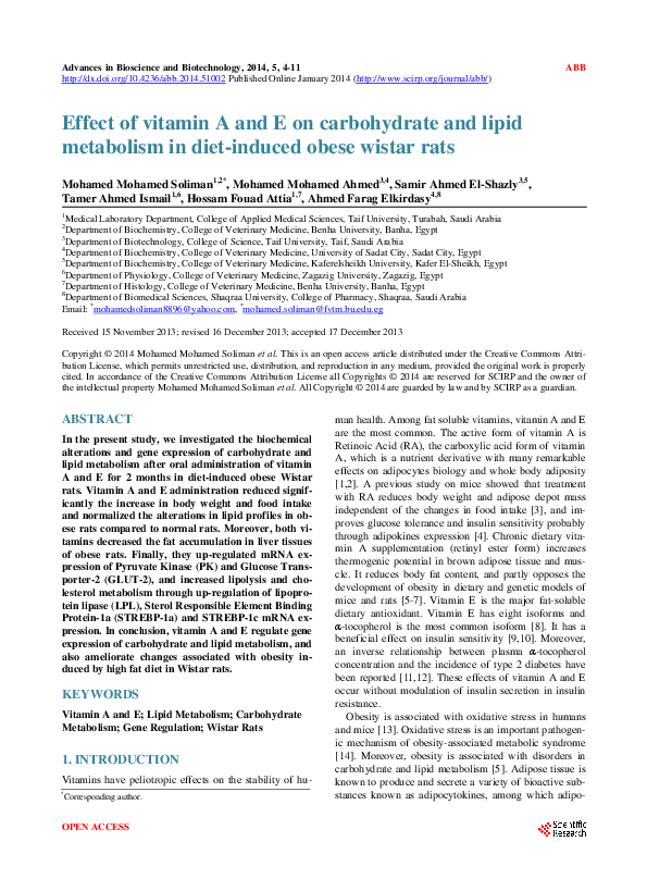 (PDF) Effect of vitamin A and E on carbohydrate and lipid metabolism in ...
