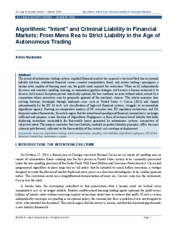 (PDF) Algorithmic "Intent" and Criminal Liability in Financial Markets ...