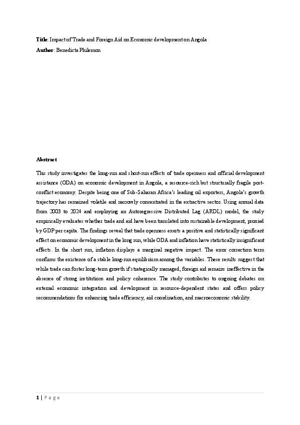 (PDF) Impact of Trade and Foreign Aid on Economic development on Angola