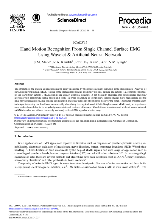 (PDF) Hand Motion Recognition from Single Channel Surface EMG Using ...