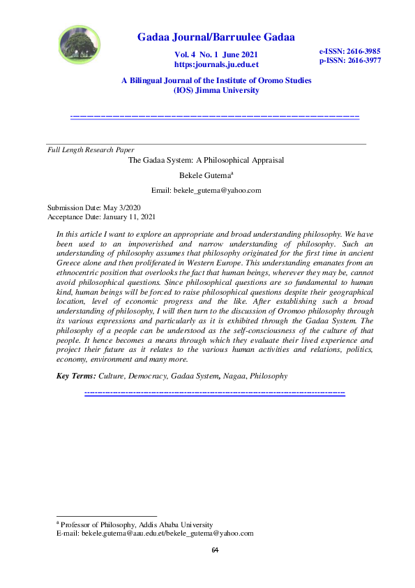 (PDF) The Gadaa System: A Philosophical Appraisal