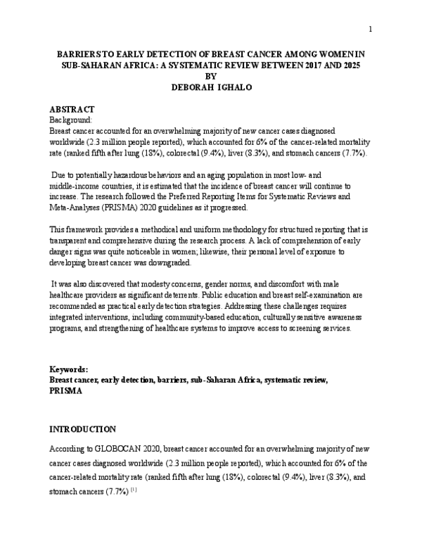 (PDF) BARRIERS TO EARLY DETECTION OF BREAST CANCER AMONG WOMEN IN SUB ...