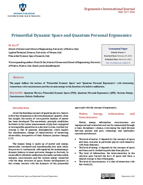(PDF) Primordial Dynamic Space and Quantum Personal Ergonomics