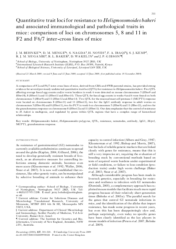 (PDF) Quantitative trait loci for resistance to Heligmosomoides bakeri ...