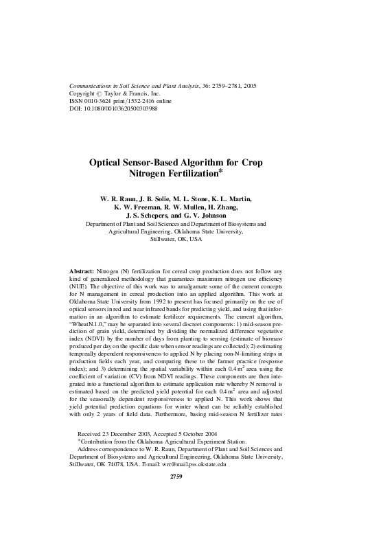 (PDF) Optical Sensor‐Based Algorithm for Crop Nitrogen Fertilization