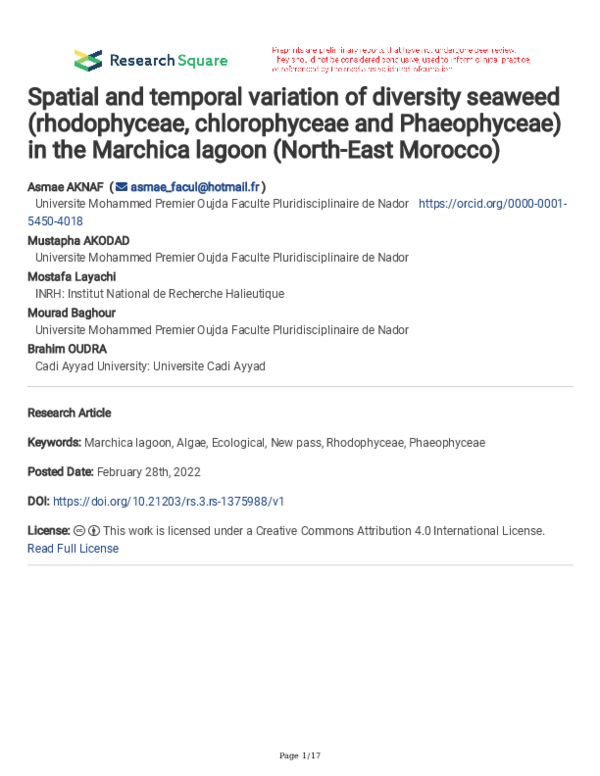 (PDF) Spatial and temporal variation of diversity seaweed (rhodophyceae ...