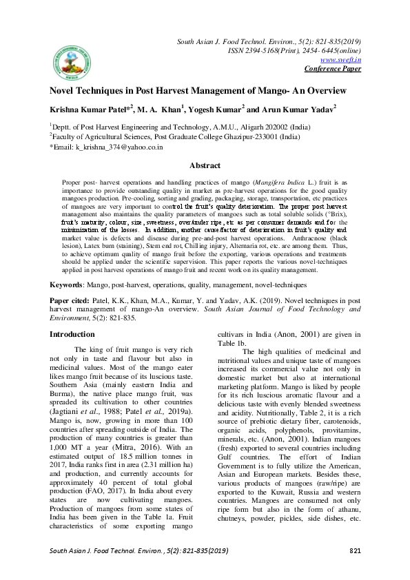 (PDF) Novel Techniques in Post Harvest Management of Mango- An Overview