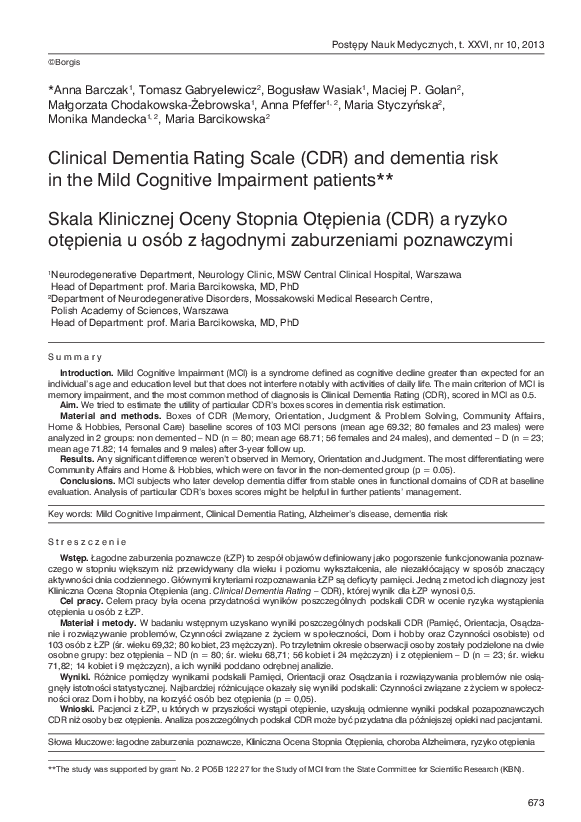 (PDF) Clinical Dementia Rating Scale (CDR) and dementia risk in the ...