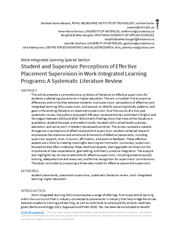 (PDF) Student and Supervisor Perceptions of Effective Placement ...