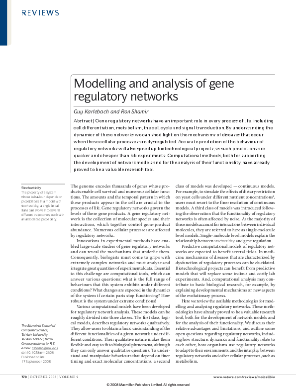(PDF) Modelling and analysis of gene regulatory networks