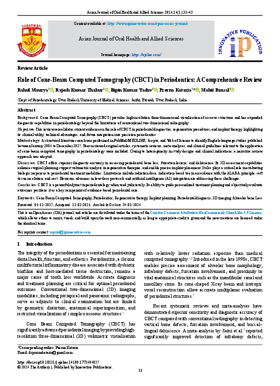 (PDF) Role of Cone-Beam Computed Tomography (CBCT) in Periodontics: A ...