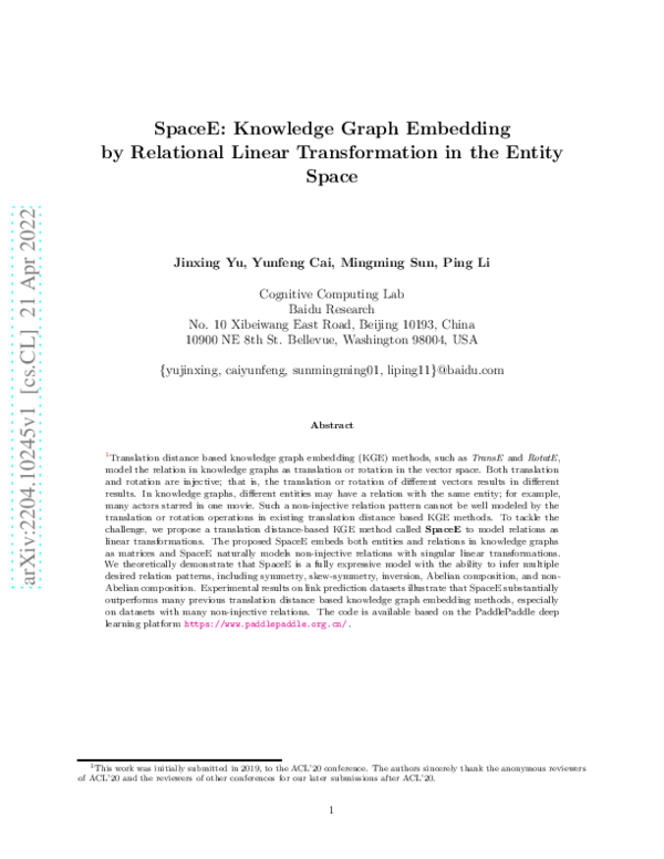 (PDF) SpaceE: Knowledge Graph Embedding by Relational Linear ...