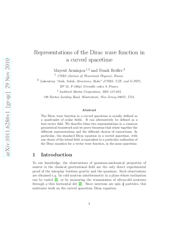 (PDF) Representations of the Dirac wave function in a curved spacetime