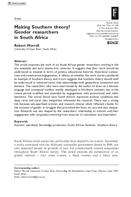 (PDF) Making Southern theory? Gender researchers in South Africa