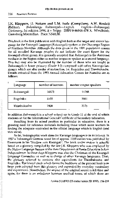 (PDF) Book Review: Bukenkango Rukwangali-English. English-Rukwangali ...