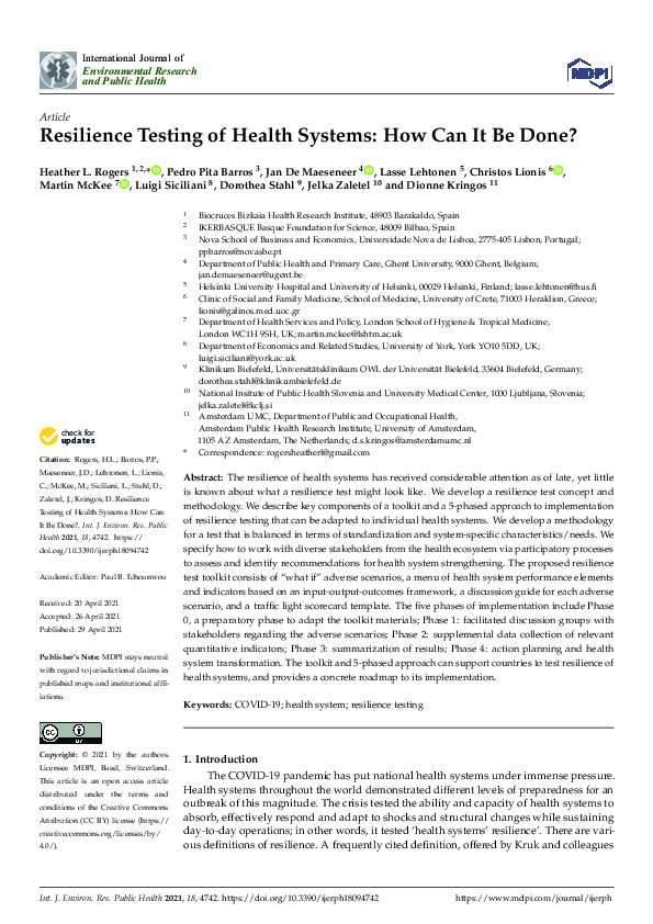 (PDF) Resilience Testing of Health Systems: How Can It Be Done?