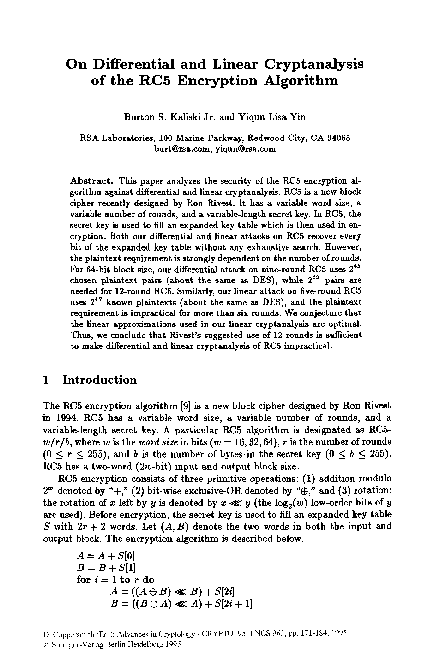 (PDF) On Differential and Linear Cryptanalysis of the RC5 Encryption ...
