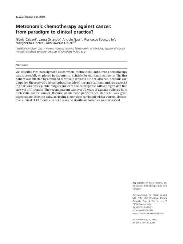(PDF) Metronomic Chemotherapy Against Cancer: From Paradigm to Clinical ...