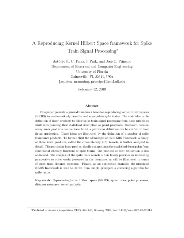 (PDF) A Reproducing Kernel Hilbert Space Framework for Spike Train ...