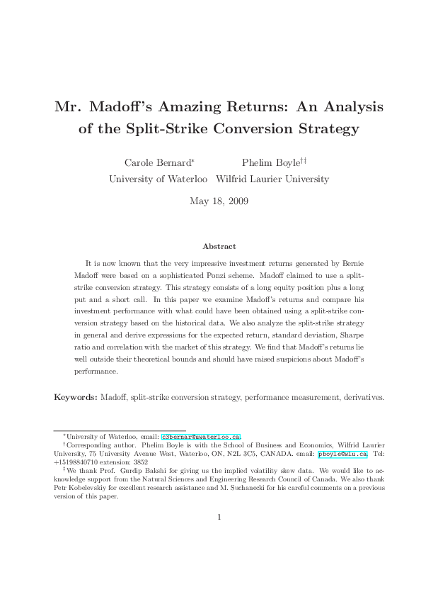 (PDF) Mr. Madoff's Amazing Returns: An Analysis of the Split-Strike ...