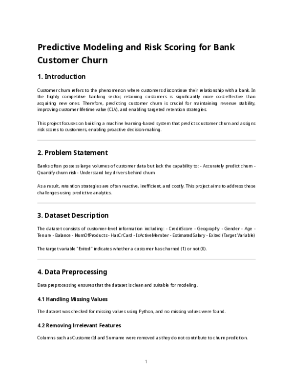 (PDF) Predictive Modeling and Risk Scoring for Bank Customer Churn