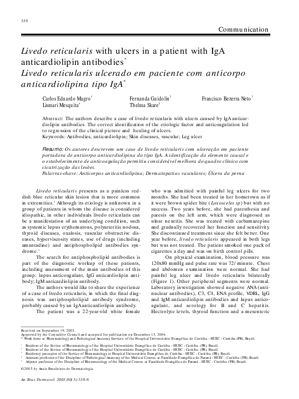 (PDF) Livedo reticularis ulcerado em paciente com anticorpo ...