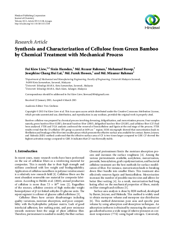 (PDF) Synthesis and Characterization of Cellulose from Green Bamboo by ...