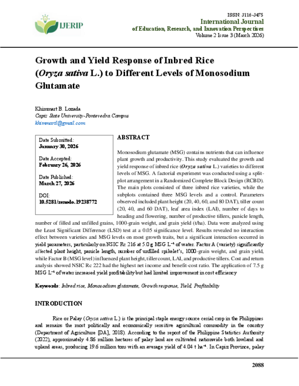 (PDF) Growth and Yield Response of Inbred Rice (Oryza sativa L.) to ...