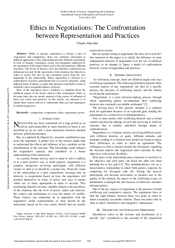 (PDF) Ethics in Negotiations: The Confrontation between Representation ...