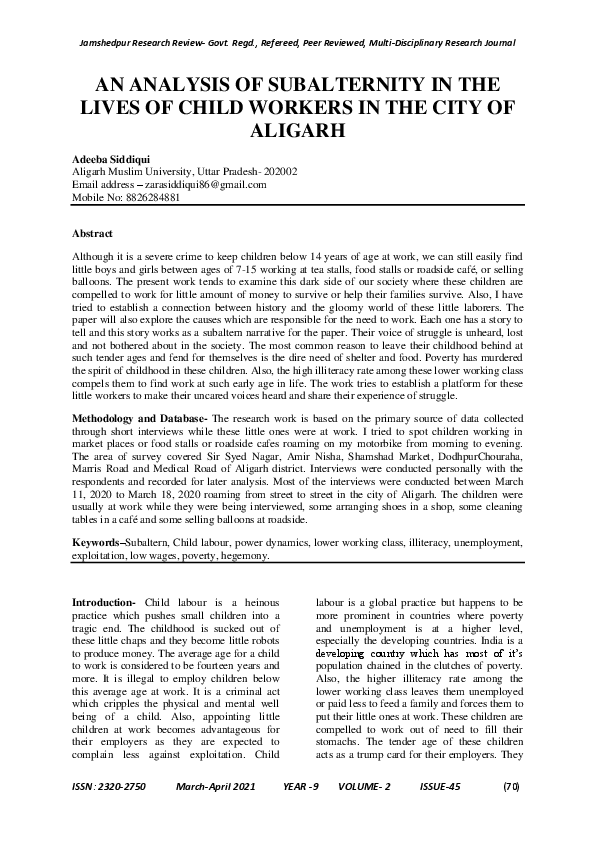 (PDF) An Analysis of Subalternity in the lives of Child Workers in the ...