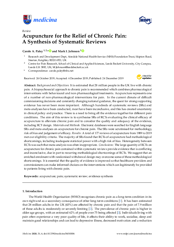 (PDF) Acupuncture for the Relief of Chronic Pain: A Synthesis of ...