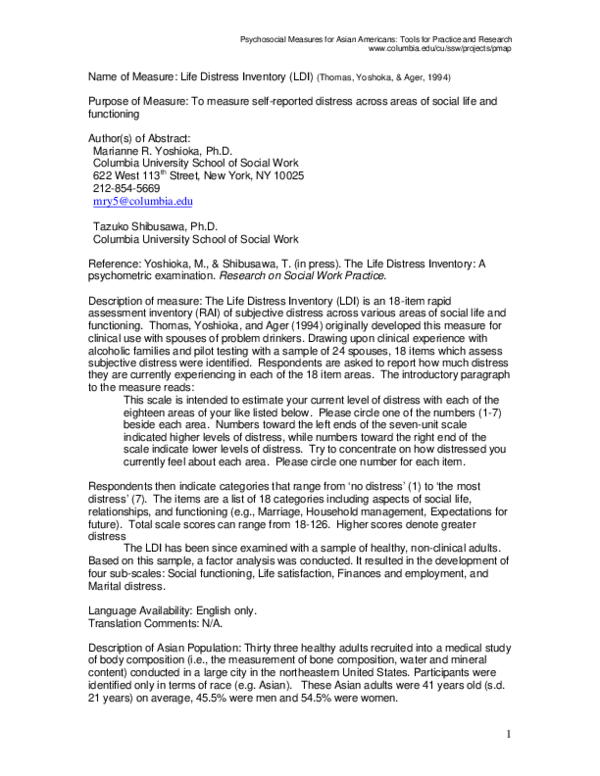 (PDF) The Life Distress Inventory: A Psychometric Evaluation