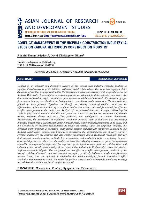 (PDF) CONFLICT MANAGEMENT IN THE NIGERIAN CONSTRUCTION INDUSTRY: A ...