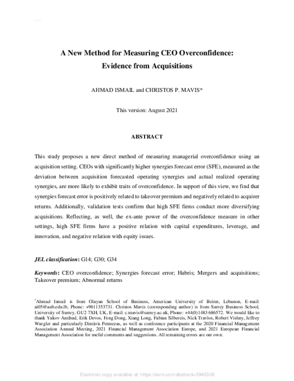 (PDF) A New Method for Measuring CEO Overconfidence: Evidence from ...