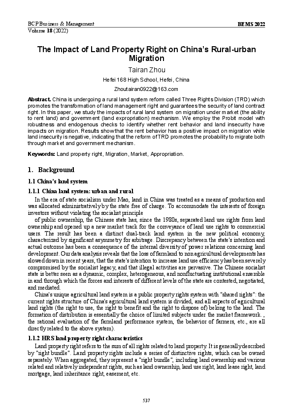(PDF) The Impact of Land Property Right on China’s Rural-urban Migration