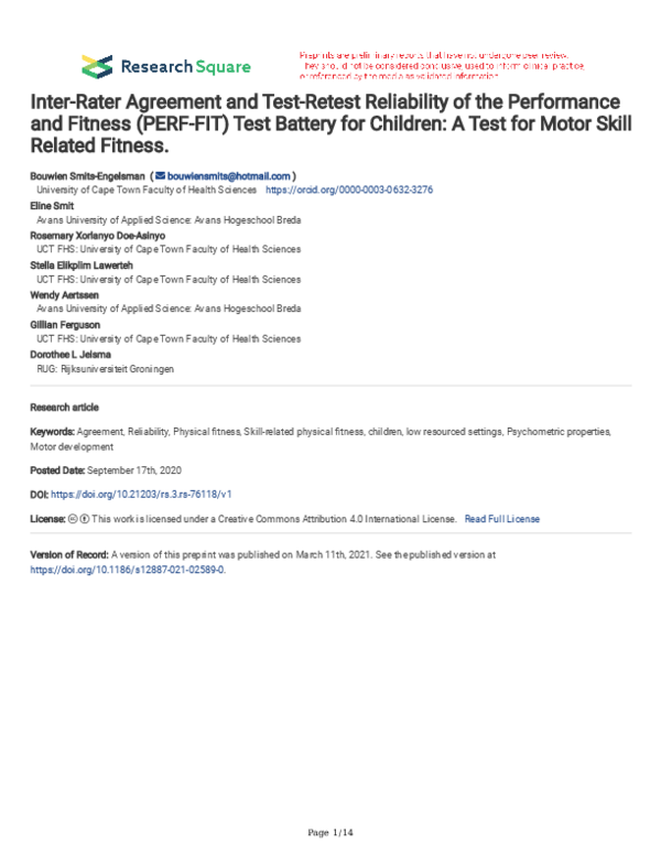(PDF) Inter-Rater Agreement and Test-Retest Reliability of the ...