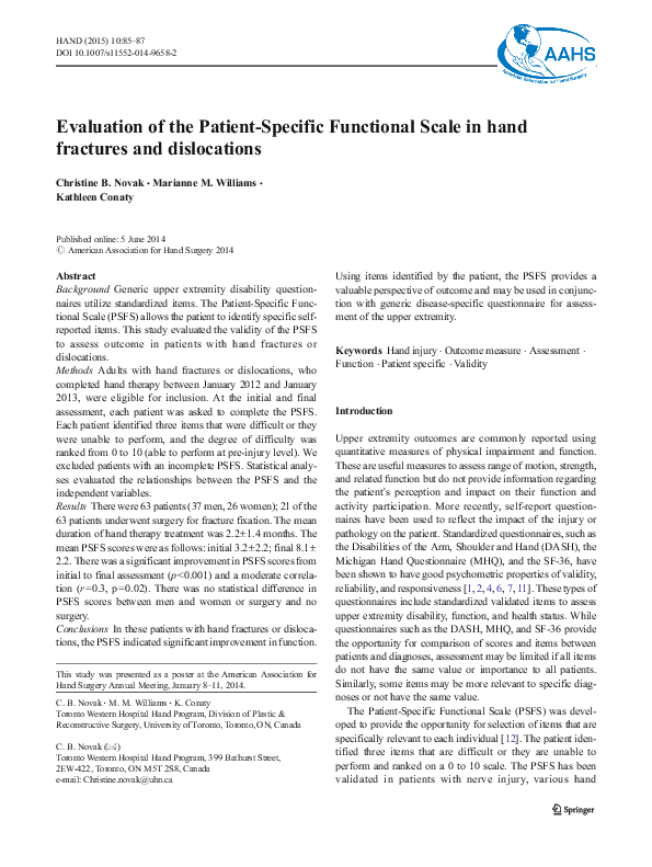 (PDF) Evaluation of the Patient-Specific Functional Scale in hand ...