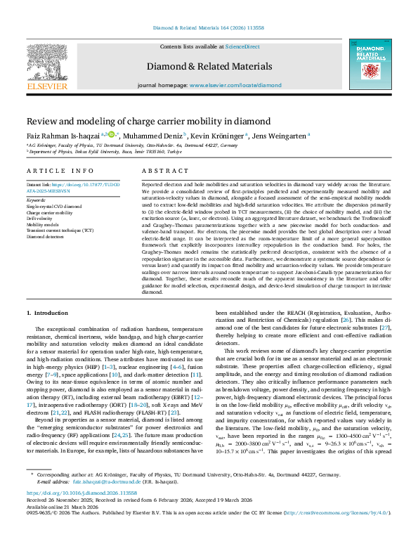 (PDF) Review and Modelling of Charge Carrier Mobility in Diamond
