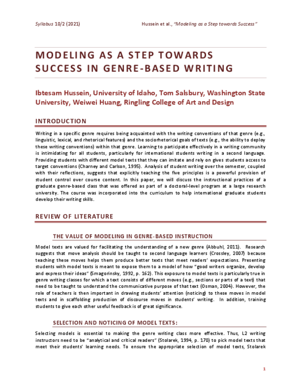 (PDF) Modeling As A Step Towards Success in Genre Based Writing