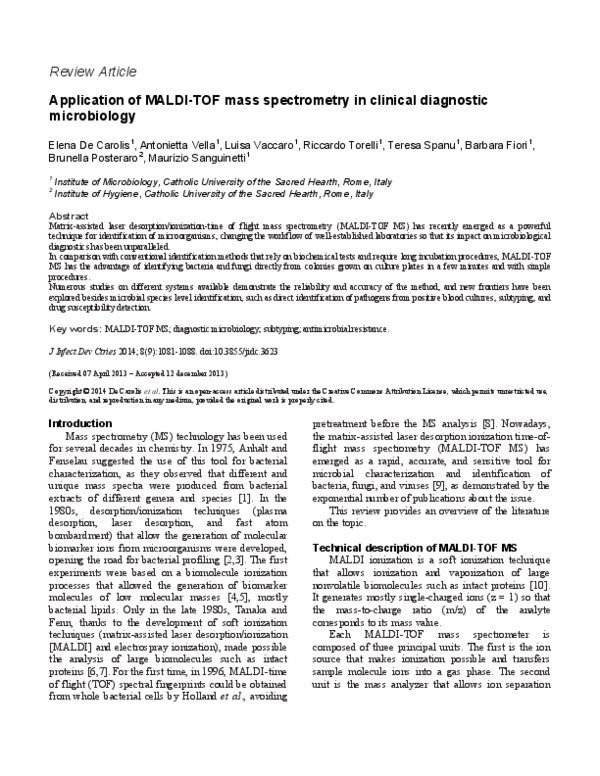 (PDF) Application of MALDI-TOF mass spectrometry in clinical diagnostic ...