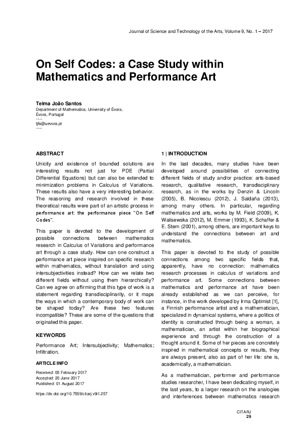 (PDF) On Self Codes: a Case Study within Mathematics and Performance Art