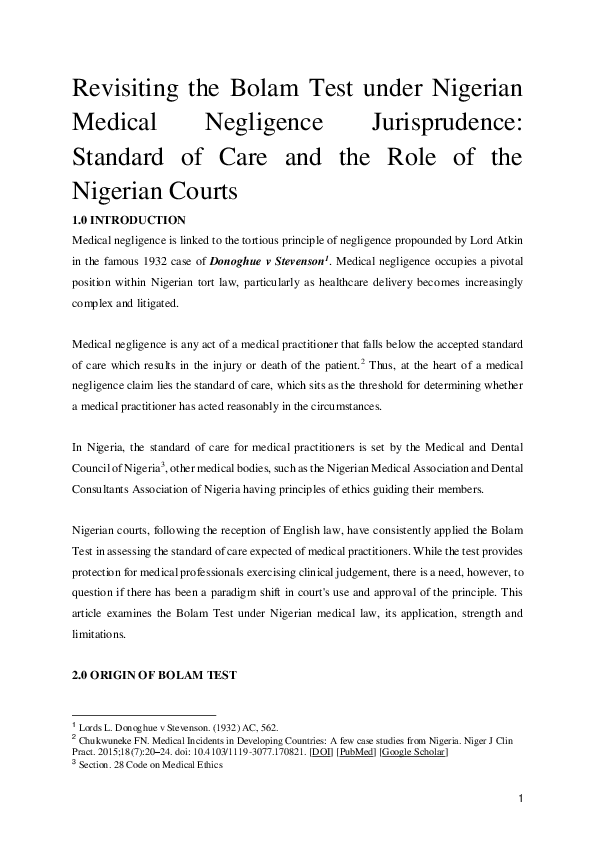 (PDF) Revisiting the Bolam Test under Nigerian Medical Negligence ...