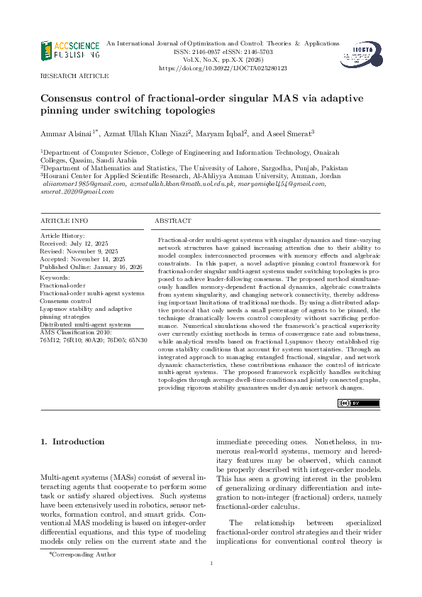 (PDF) Consensus control of fractional-order singular MAS via adaptive ...