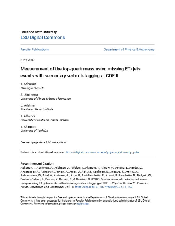 (PDF) Measurement of the top-quark mass using missing ET+jets events ...