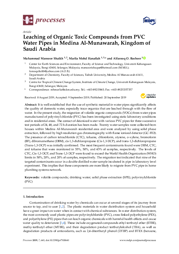 (PDF) Leaching of Organic Toxic Compounds from PVC Water Pipes in ...